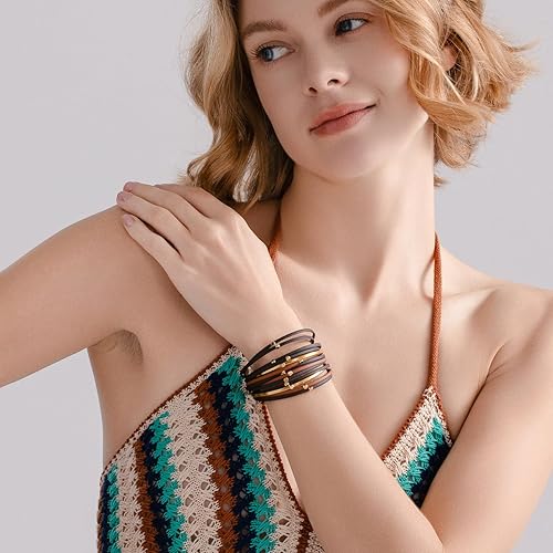 Miniatura 3 de FANCY SHINY Pulseras de cuero con cuentas, estilo bohemio, apilable, con cierre magnético