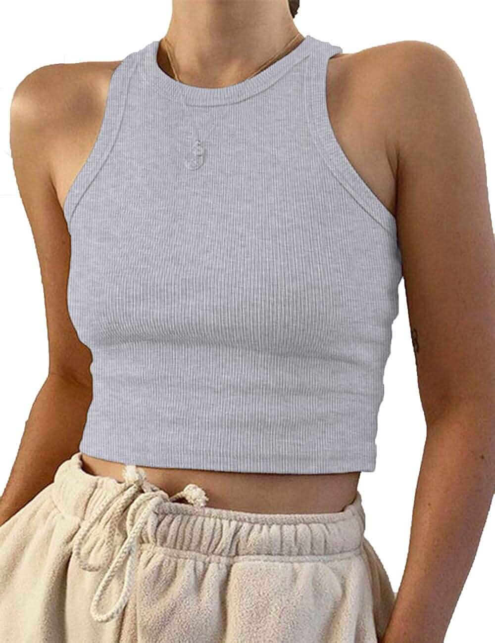 Meladyan Women's Round Neck Basic Racerback Camisole Rib-Knit Solid Sleeveless Crop Tank Tops slim_fit