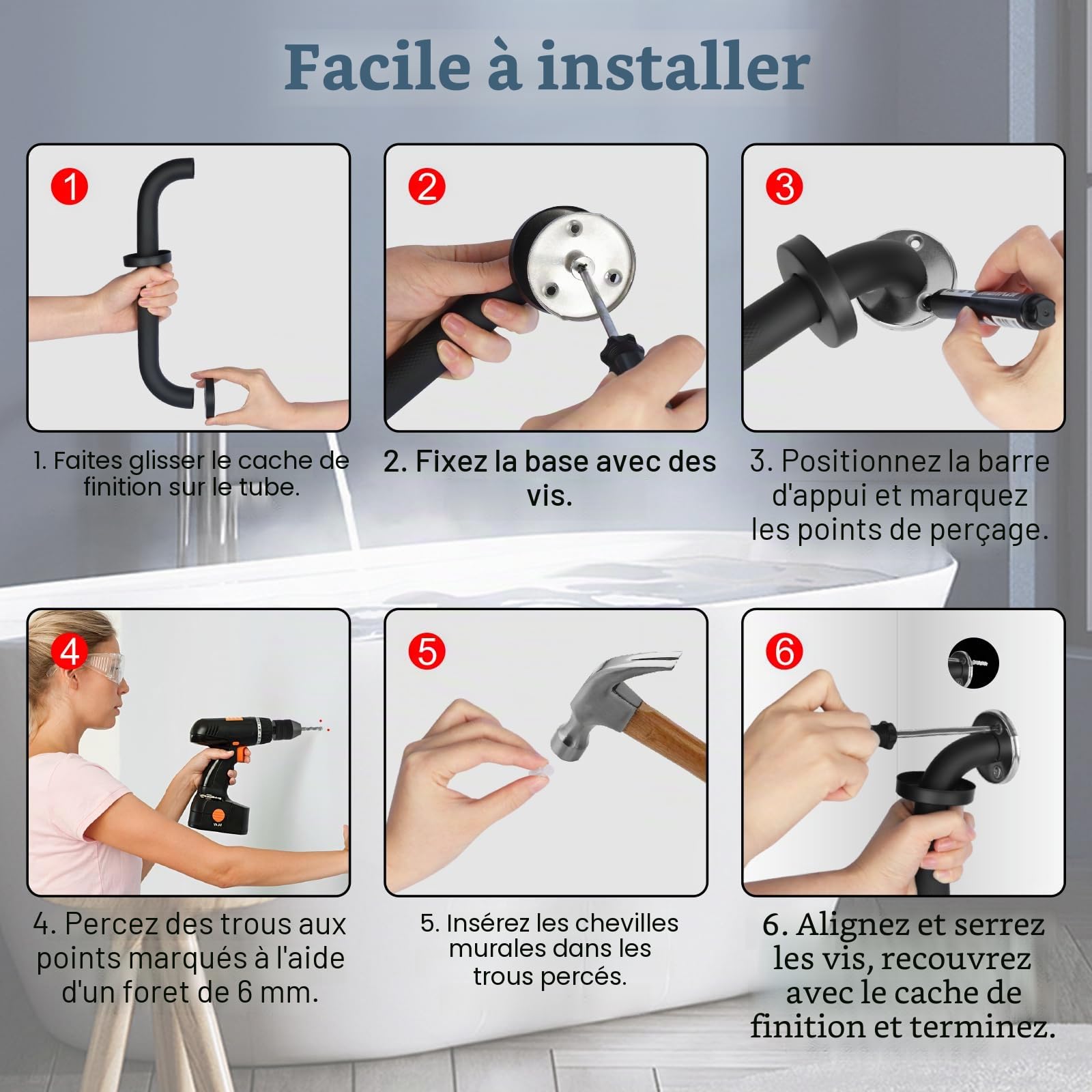 YF Lot de 2 Barres d'appui Salle de Bain, Poignées de Douche Antidérapantes en Acier Inox 201, Barres de douche de 30 cm, Sécurité pour Seniors, Handicapés et Enfants, Couleur, Noire
