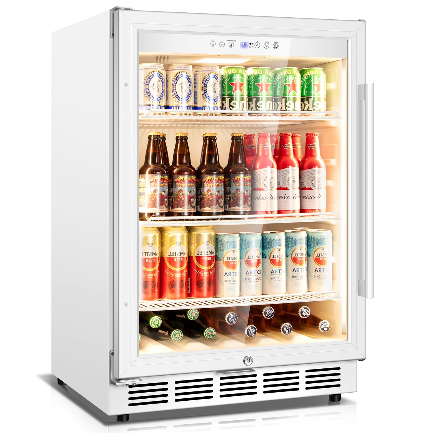 Velivi Beverage Refrigerator, 4.9 Cubic Feet Undercounter/Freestanding 24 Inch Beverage Fridge with Glass Door, LED Light, Safety Lock, Touch Control, Low Noise (White)