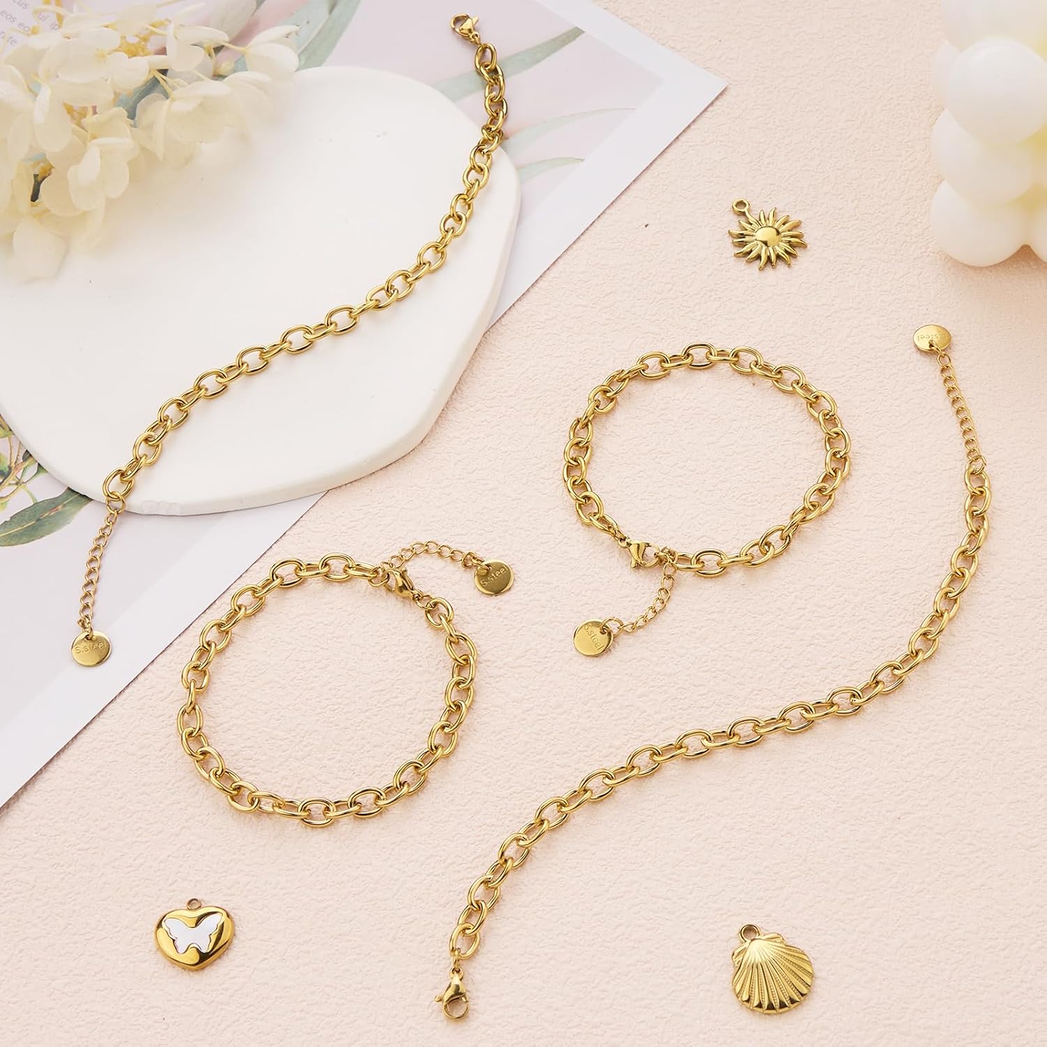 10 PCS 6.7 Inches Charm Bracelet Chains for Jewelry Making Gold Plated Stainless Steel Chain Link Bracelets Set with Lobster Clasps Adjustable Extender
