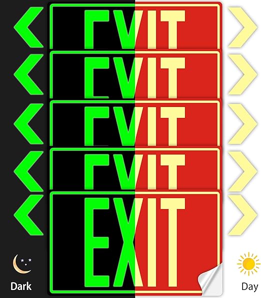 5Pack Photoluminescent Exit Sign, 12"x 7" Glow in The Dark Exit Signs with Self-Adhesive Backing, Includes 10pcs Removable Arrows