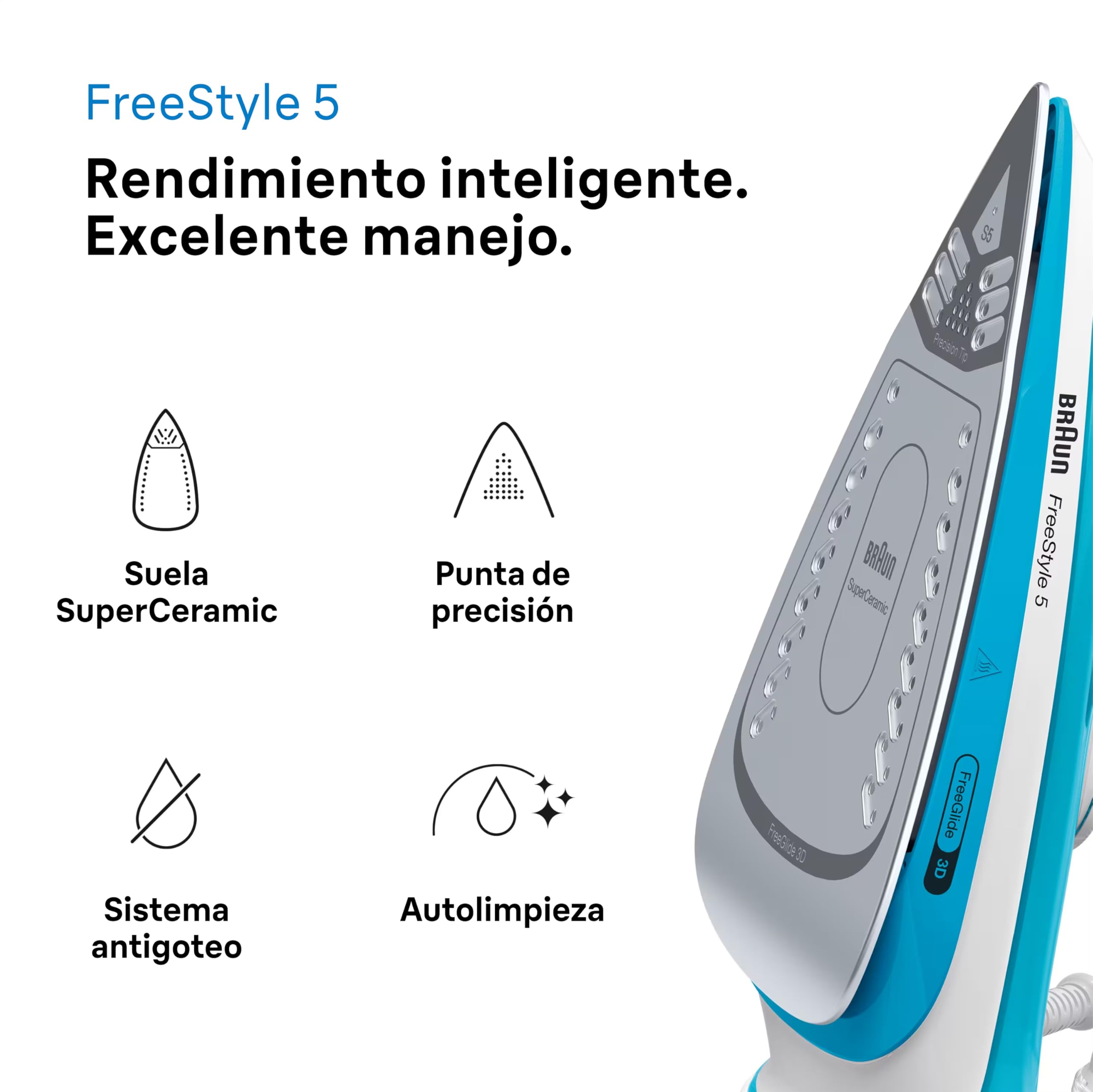 Braun Household Braun FreeStyle 5 SI 5006 BL-Plancha Suela FreeGlide 3D, Vertical, 2600 W, Golpe de Vapor 180 g/min, depósito de Agua de 300 ml, Color Azul