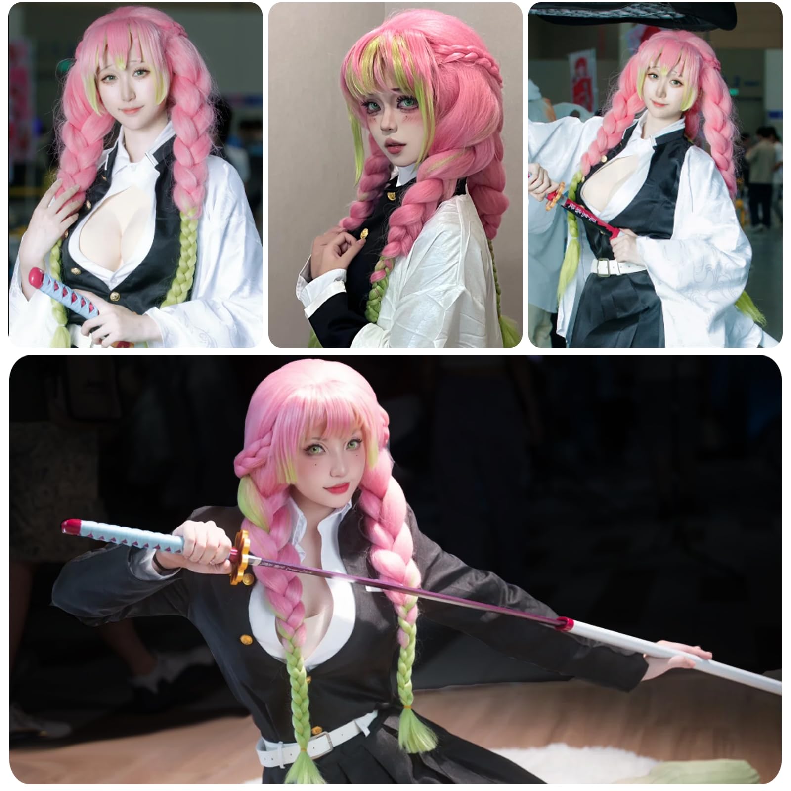 Anime Kanroji Mitsuri Cosplay Peluca, Pelucas Mujer con Flequillo, Peluca de Cabaret para Cosplay Fiestas Carnaval Halloween