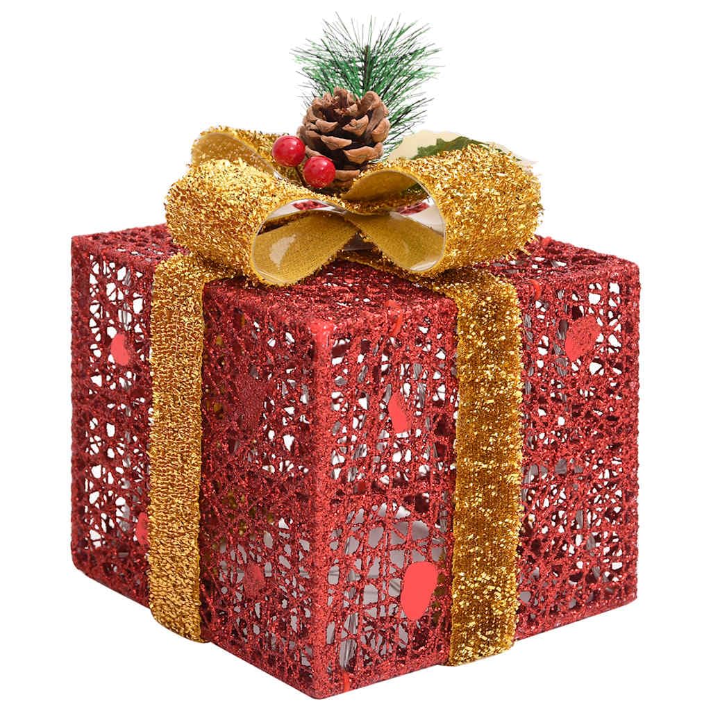 Geschenkboxen Deko-Set 3 Stk. Rot aus Textilgewebe mit 60 LEDs und 8 Lichteffekten, 5 m Kabel, für Weihnachtsbeleuchtung innen und außen, Fensterdeko, Garten, Terrasse