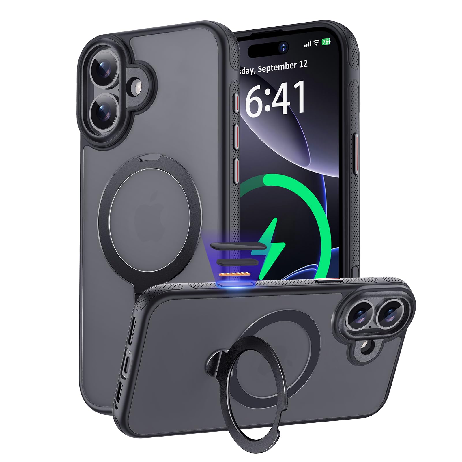 KISECASE iPhone 16 用 ケース magsafe対応 リング カメラコントロールカバー 耐衝撃 黄ばみ防(半透明＋ブラック)