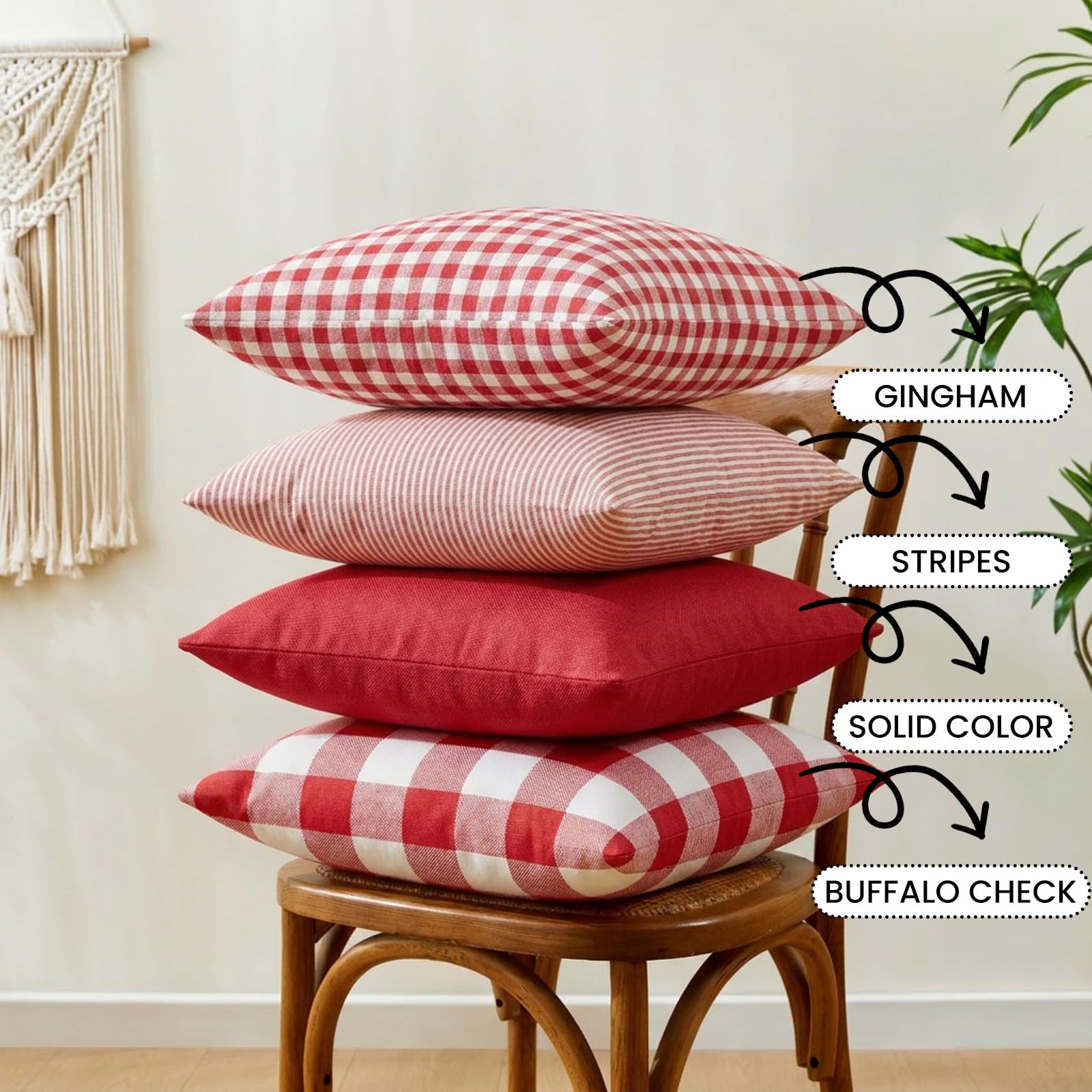 Lot de 4 housses de coussin d'extérieur à carreaux de buffle rouge et blanc 50,8 x 50,8 cm