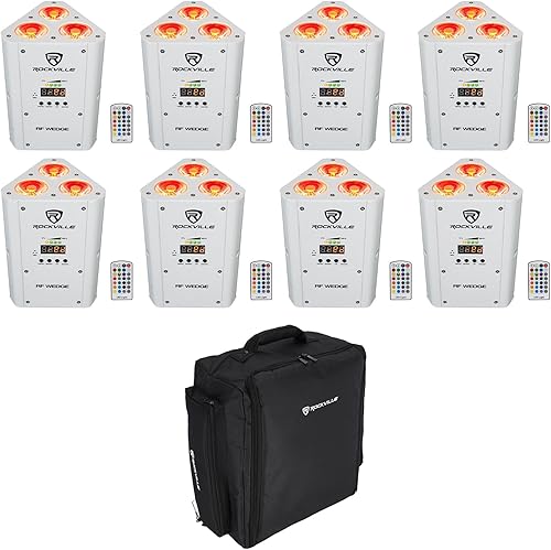 8 Rockville RF Wedge White RGBWA+UV Batería inalámbrica DMX Lights+Remotes+Mochila