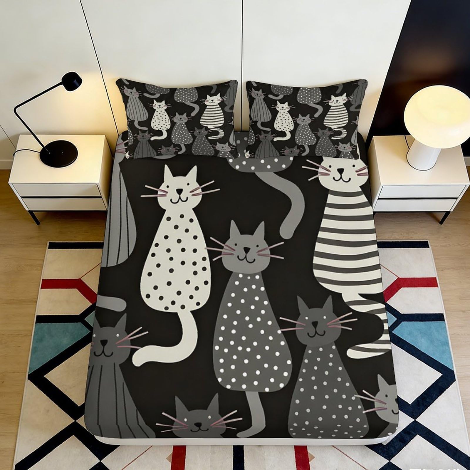 3D Printed Cartoon Cat Fitted Sheet Microfiber Soft Breathable Black White Striped Mattress Cover Bedroom Dorm Decor 160x200x25cm