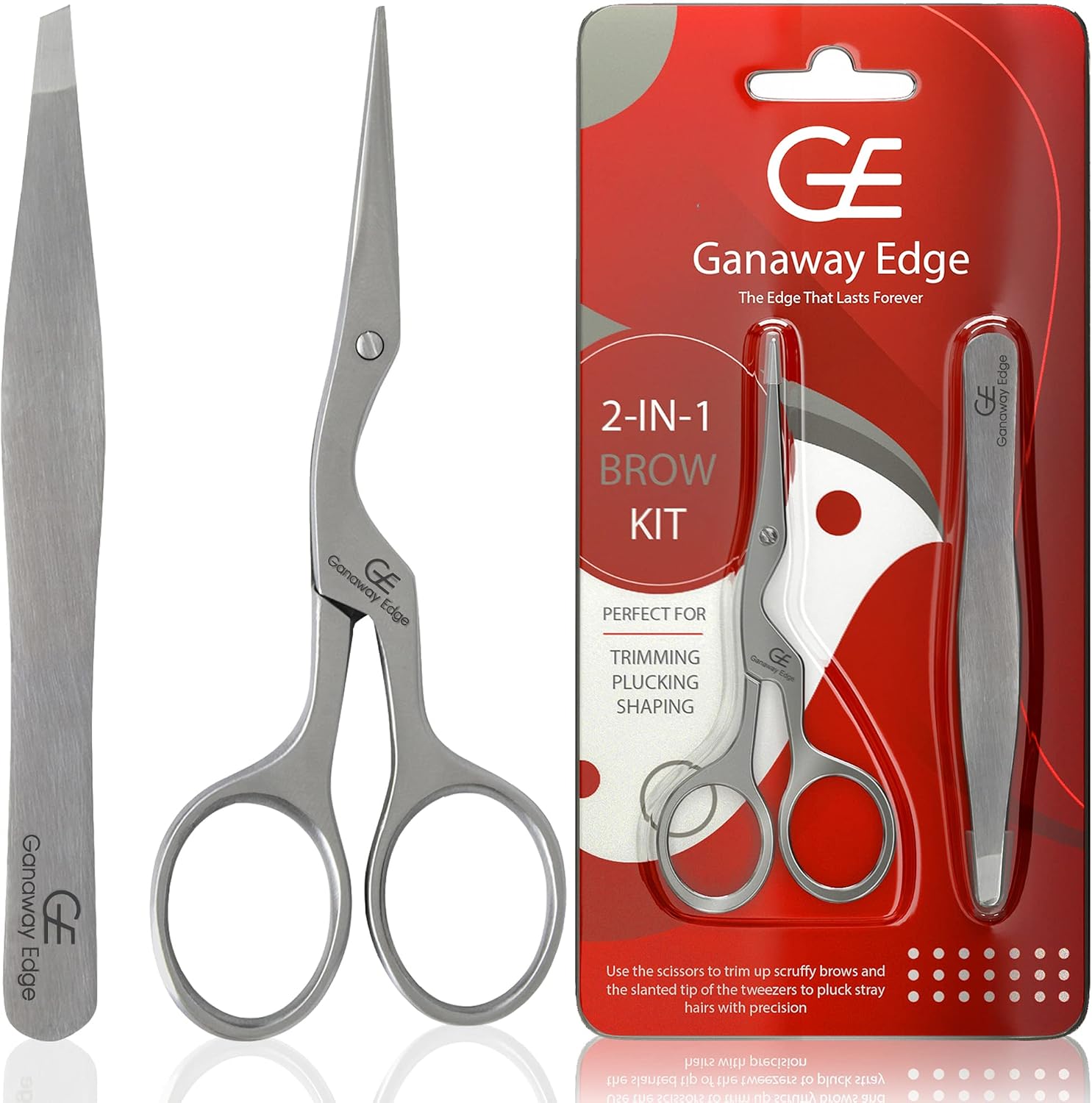 Ganaway Edge - Eyebrow Kit Grooming with Eyebrow Scissors for Women & Sharp Tweezers, Grooming Scissors Men for Ear, Beard, Mustache Trimming Scissors for Hair - Brow Tweezers for Ingrown Hair Removal
