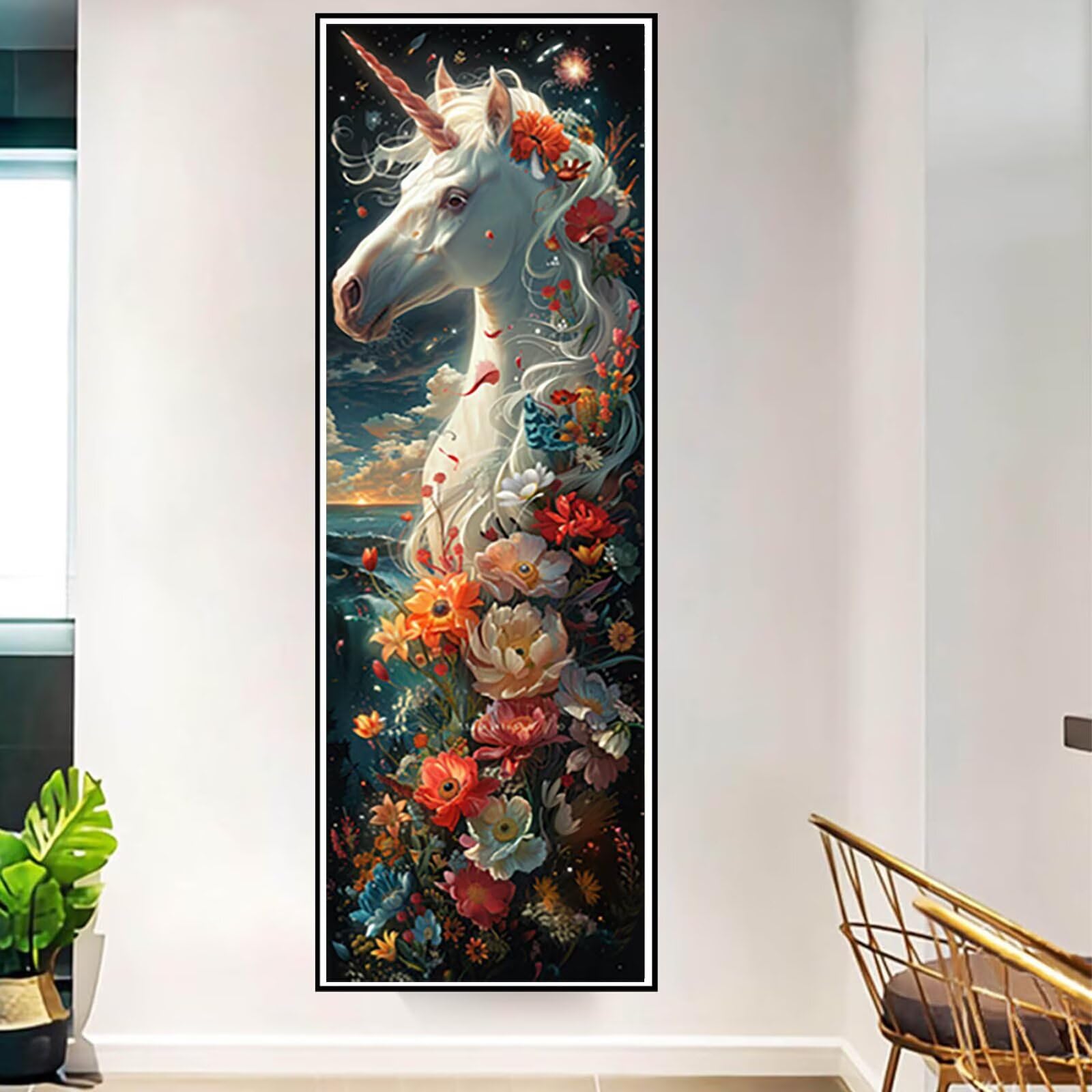 Diamond Painting Licorne Peinture Diamant Adulte, Peinture Diamant Fleur Conception de Motifs 5D DIY Strass Point de Croix Cristal Painting Loisirs Créatifs, Decoration Murale 50x150cm -pg250411