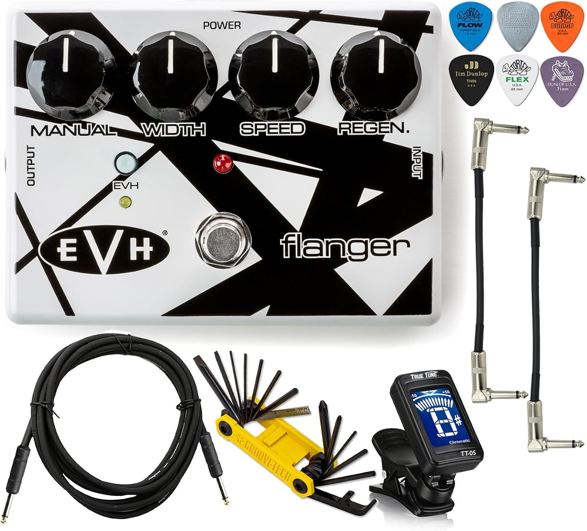 Tonebird MXR EVH117 Flanger Electric Guitar Effects Pedal Instrument Cable, Multi-Tool, Dunlop Picks, True Tune Chromatic Tuner, Patch Cable Bundle