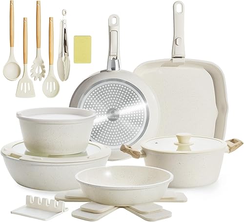 Juego de 23 piezas de ollas y sartenes de cerámica, juego de ollas y sartenes antiadherentes, juego de ollas y sartenes con asas removibles, juego
