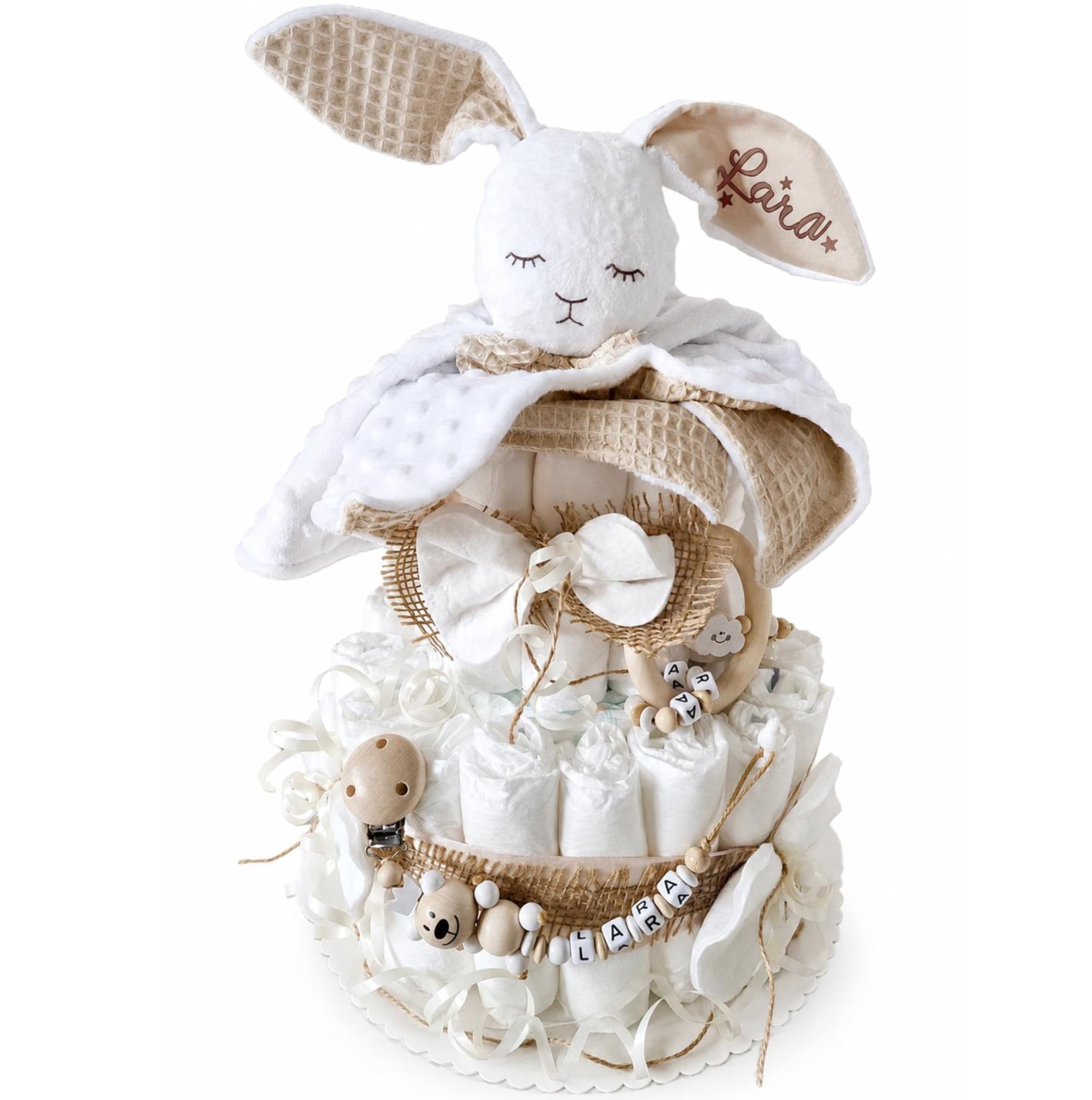 Windeltorte XXL mit Namen - Mädchen Junge - Hase Hoppi - 2-stöckig - Geschenk, Babyparty, Geburt Taufe + Gratis Grußkärtchen