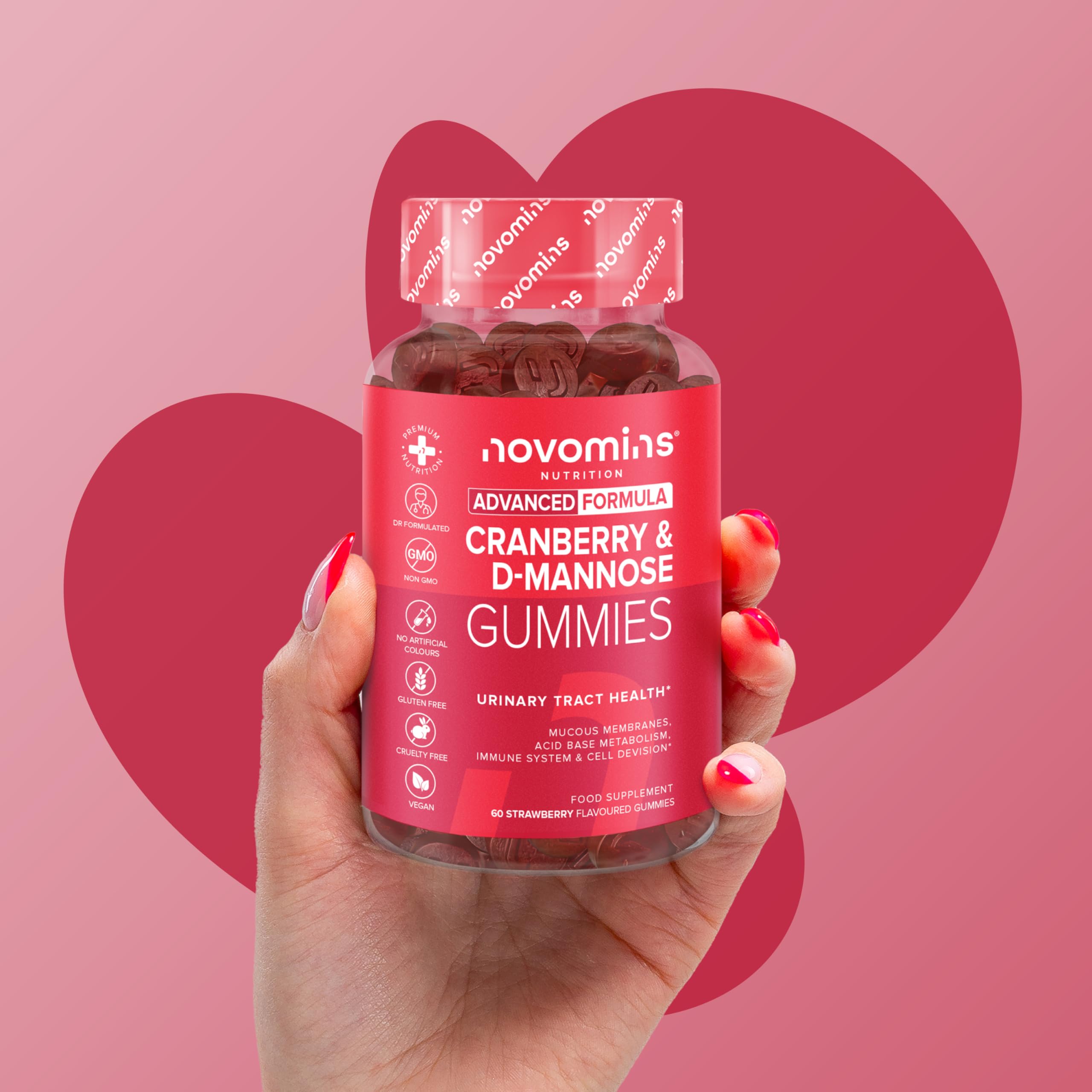 Mirtillo Rosso e D-Mannosio Gommose – 600 mg Mirtillo + 400 mg D-Mannosio – con Zinco e Biotina – Vegan, Senza Glutine – 60 Gommose Gusto Fragola – Novomins