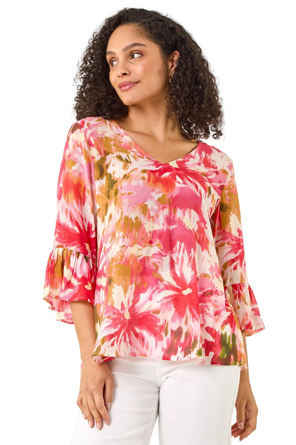 Roman Originals Women's Abstract Floral Pink Roman Abstract Print Frill Detail Top For Uk - Everyday Summer Holiday V-Neckline Comfy 3/4 Sleeve Soft Relaxed Fit Shirt Daywear Vacation Blouses - Size 12