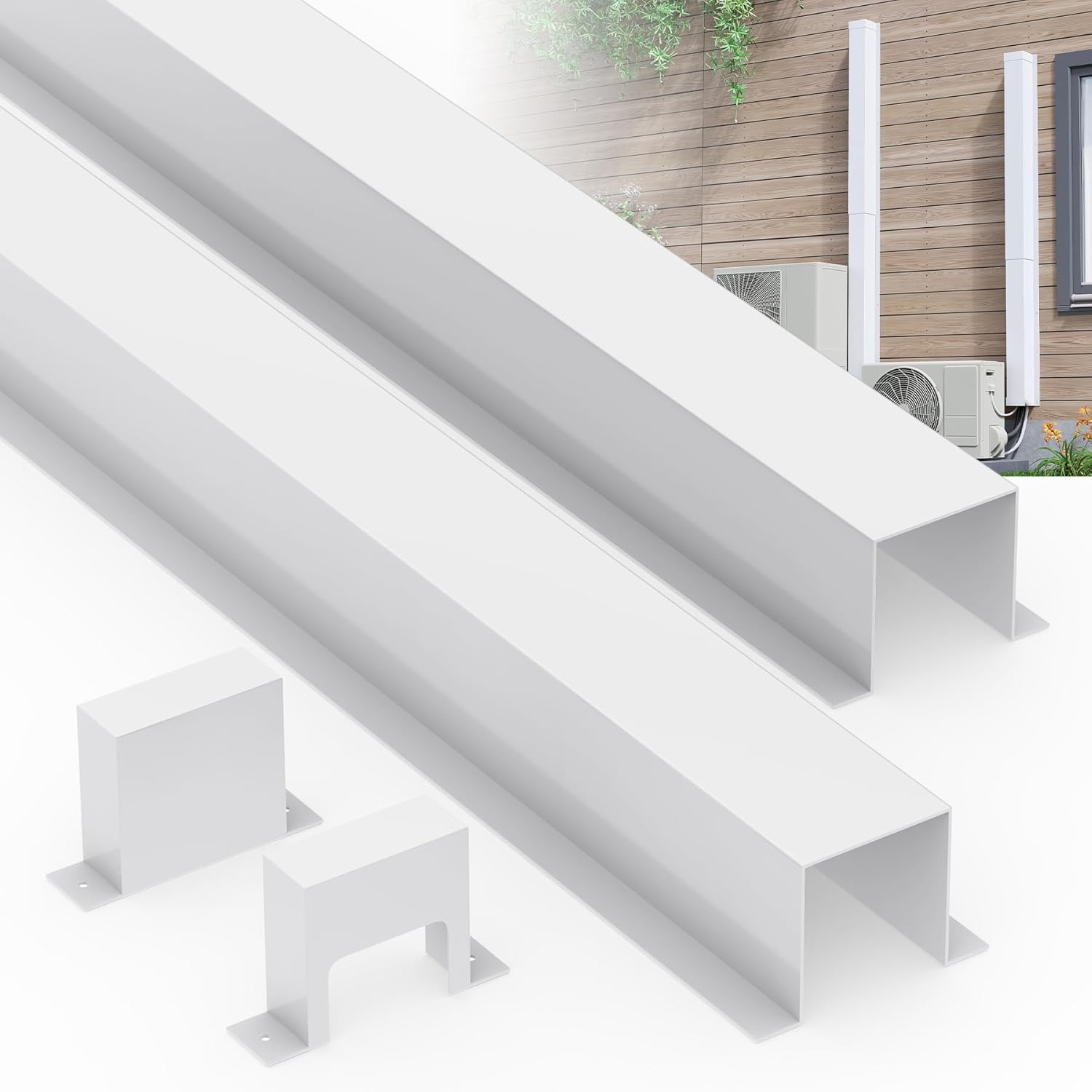 Metal Line Set Cover Kit, AC Line Kit with End Cap, 4" W x 4" D x 6.5FT, Heavy Duty HVAC Lines Cover Set for Mini Split & Central Air Conditioner & Heat Pump, White, 2 PCS