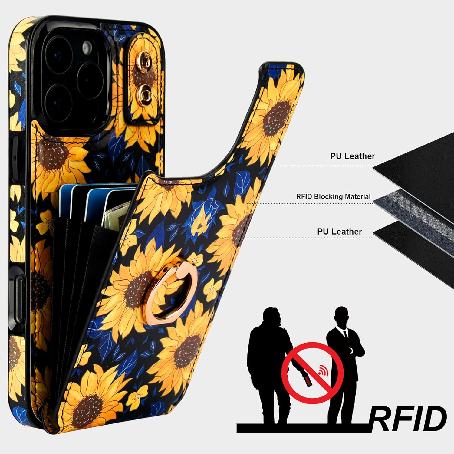 HAOPINSH for iPhone 16 Pro Max Wallet Case with Card Holder, 360°Rotation Ring Kickstand, Blooming Sunflowers Pattern, RFID Blocking Leather for Girls Women, Protective Cover 6.9"