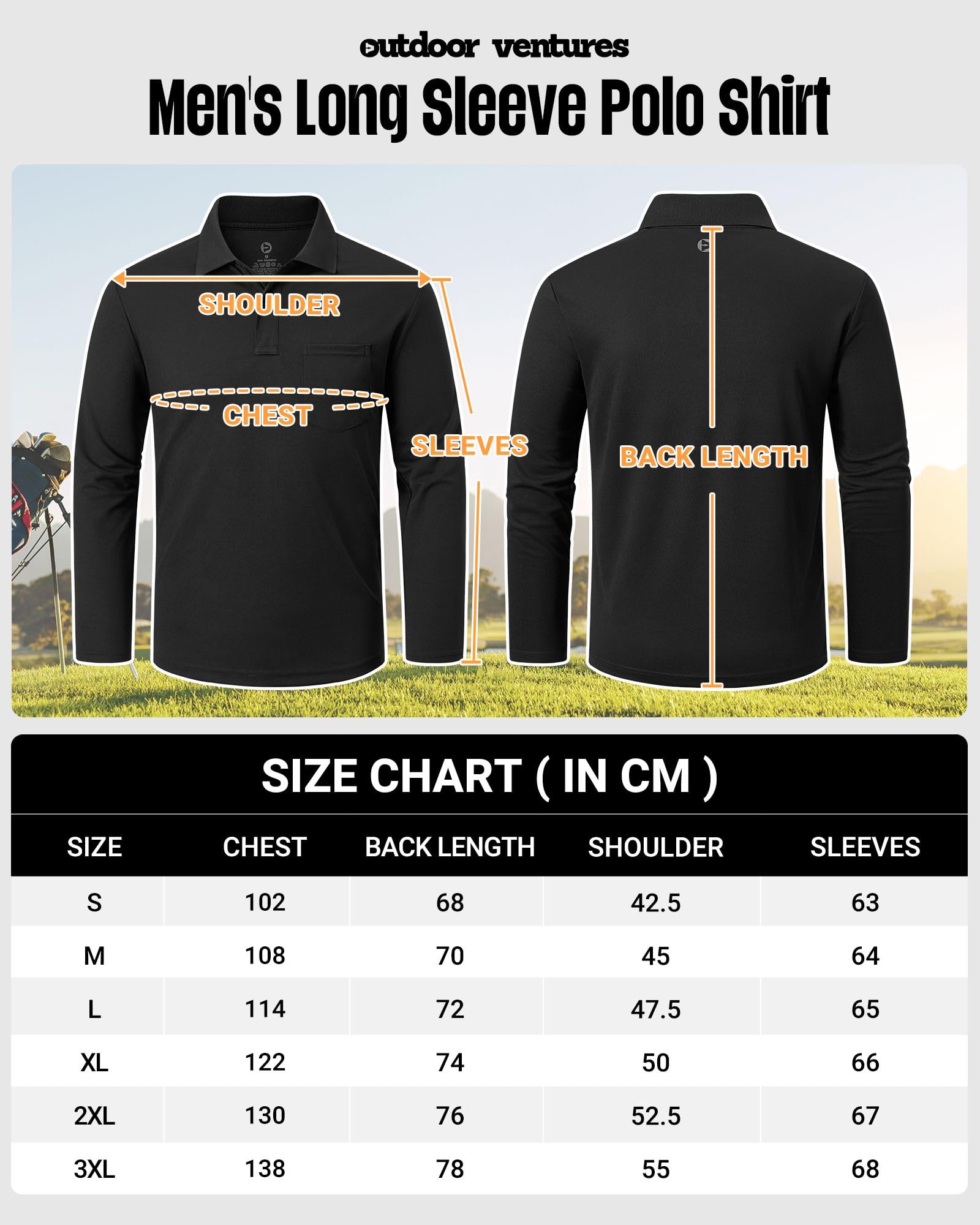 Outdoor Ventures Polo à manches longues pour homme - Protection solaire UPF50+ - Protection UV - T-shirt de golf - T-shirt de sport pour homme - Léger et respirant - Polo décontracté pour le tennis