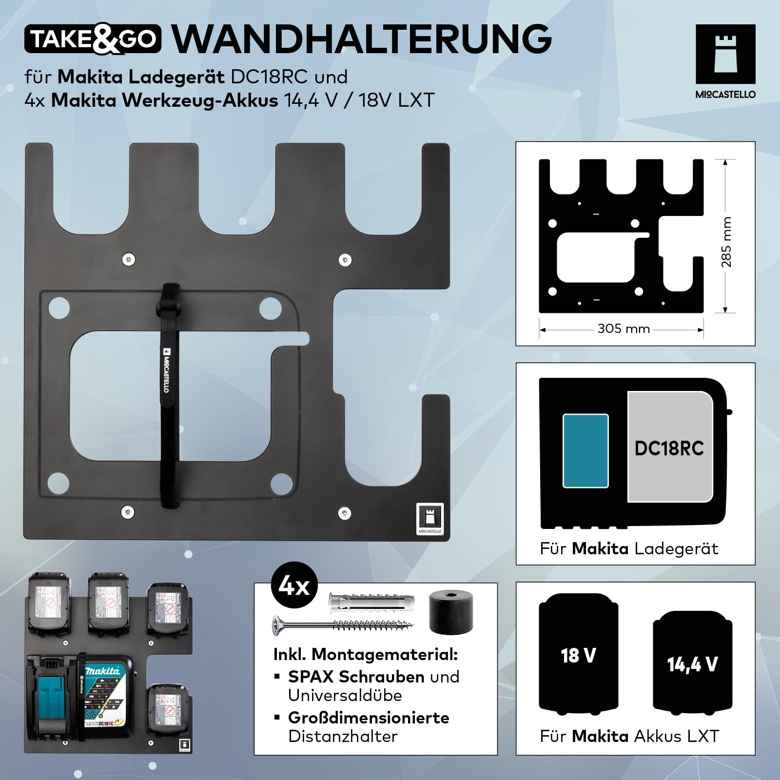 TAKE&GO Wandhalterung für Makita Akkus und Ladegerät – mit cleverer Ladegerät-Befestigung für festen Halt sowie einzigartige Flexibiltät und Mobilität beim Laden (Farbe: Schwarz)