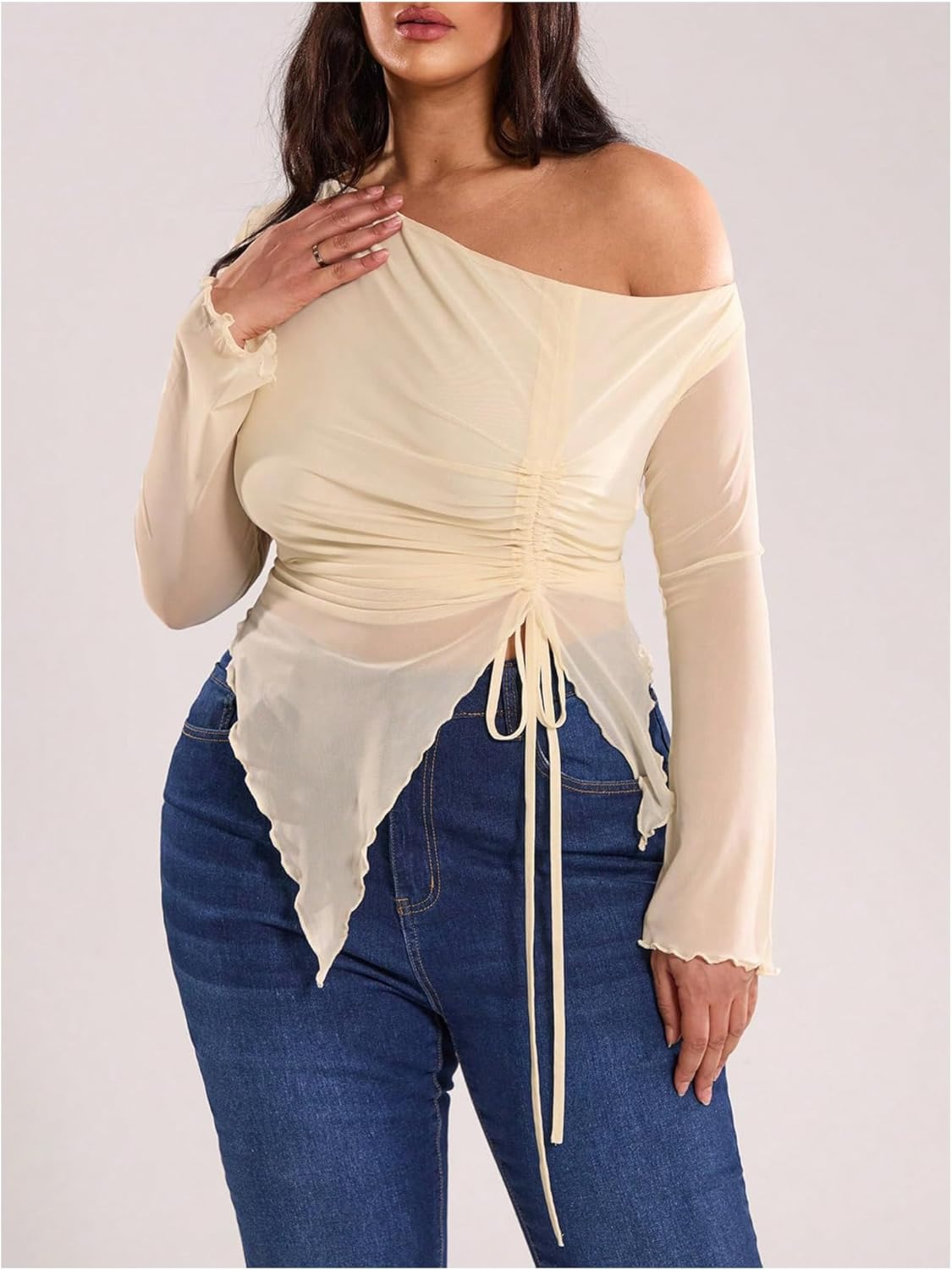Women's Plus Size Sheer Mesh Off Shoulder Tops Long Sleeve Drawstring Asymmetrical Hem Ruched T Shirt - Image 3