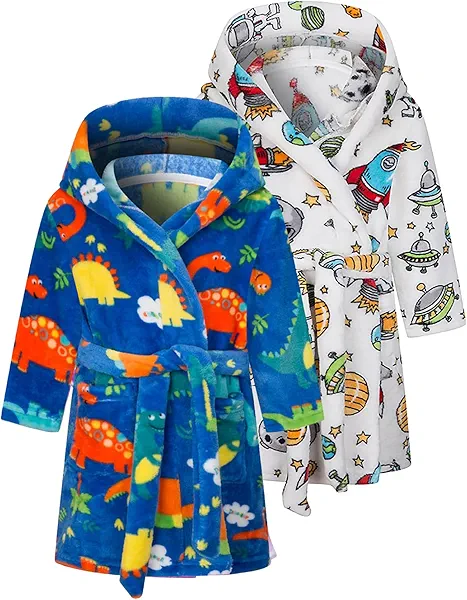 LANKMEI Boys Girls Cartoon Hooded Bathrobe Toddler Kids Robe Pajamas Sleepwear Pack of 2