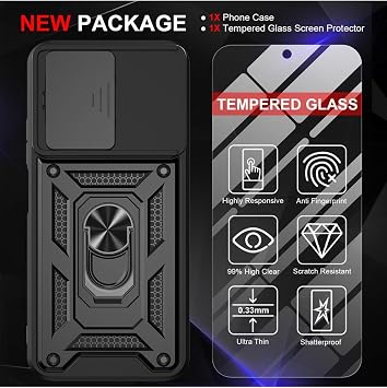 CONSTRAIN - Xiaomi Redmi 15C 5G ile uyumlu Kılıf Kamera Korumalı Sürgülü Yüzüklü Standlı Armor Kapak + Ekran Koruyucu Cam Set - Siyah