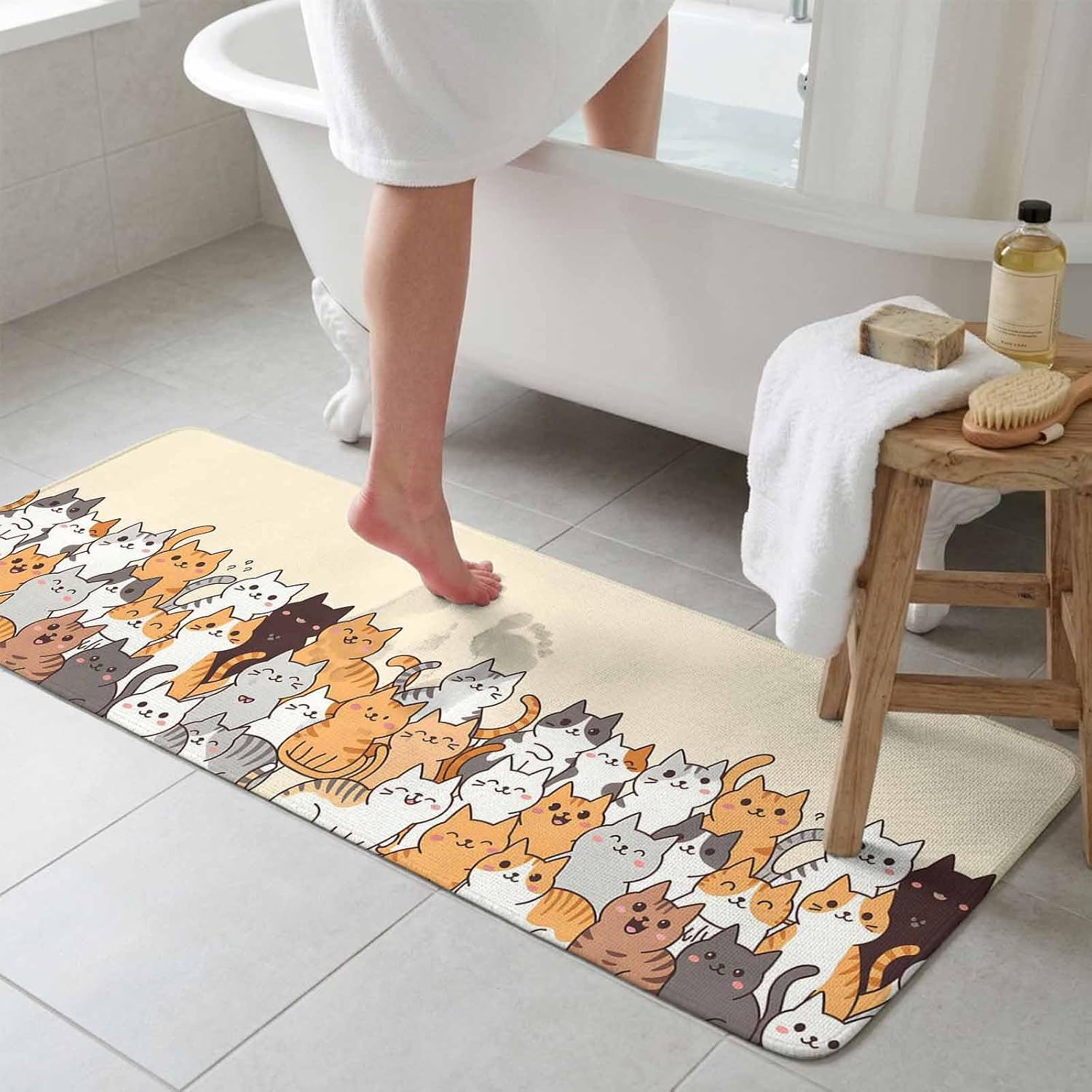 Absorbent Door Mat,Cartoon Pet Cat Faux Linen Doormat,Washable Non-Slip Entrance Rug Funny Cute Kitty Welcome Front Mat for Indoor Outdoor Entryway Kitchen,16"x47"