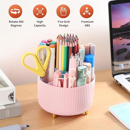 Miniatura 2 de Soporte para lápices y bolígrafos de escritorio, 5 ranuras organizadores giratorios de 360 grados para escritorio, organizador de suministros de