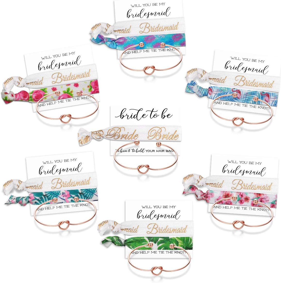 MOOKOO Bridemaid Love Knot Bracelets Set 9 7 6 Set Bride Tribe Hair Tie and Bracelets Bridal Shower Cuff for Girls Women