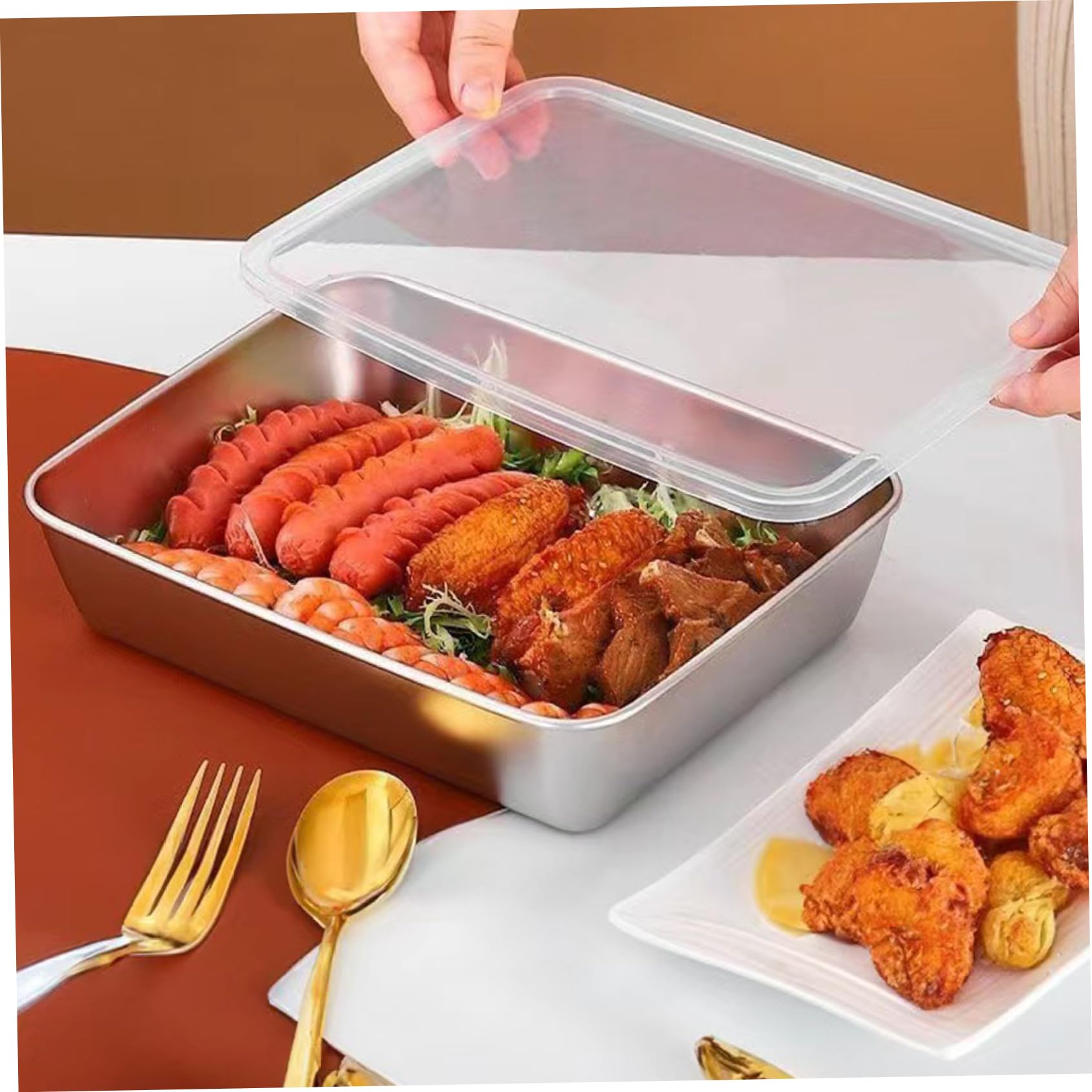 4pcs Edelstahl -Lebensmittelbehälter, stapelbare Lebensmittelablagerungsbox mit Plastikdeckel, Fleischküste für Kühlschrank oder Picknick, Grillparty, Büro Mittagessen