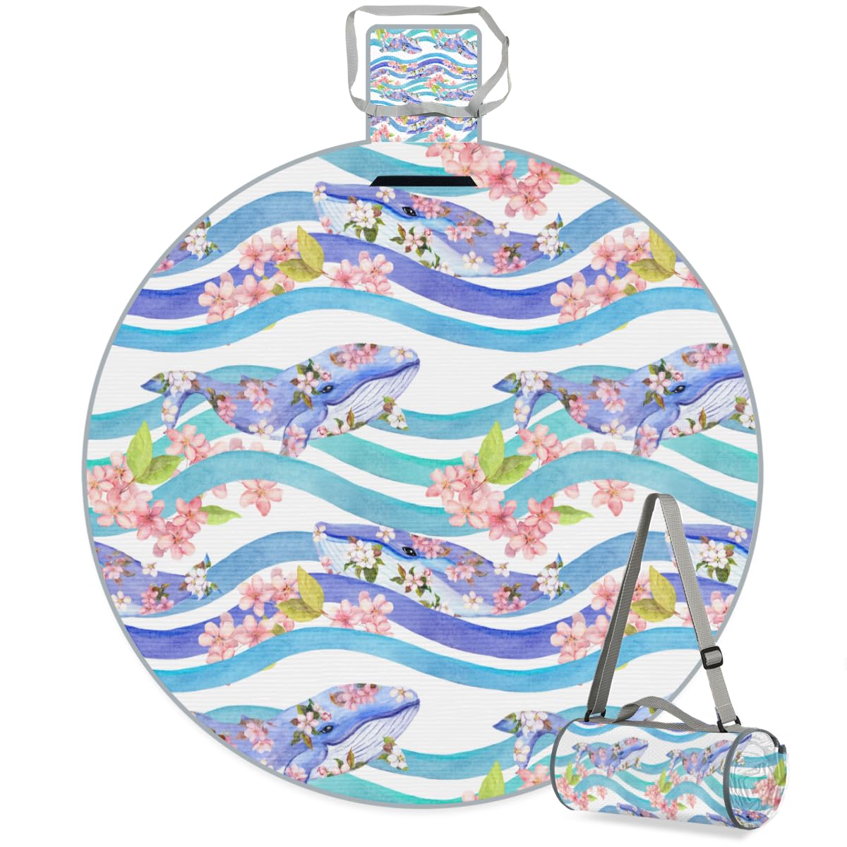 Shimoshe Flower Whale Picnic Outdoor Blanket Foldable Waterproof Sandproof Beach Blanket Portable Water-Resistant Round Picnic Mat for Travel Camping Park Lawn