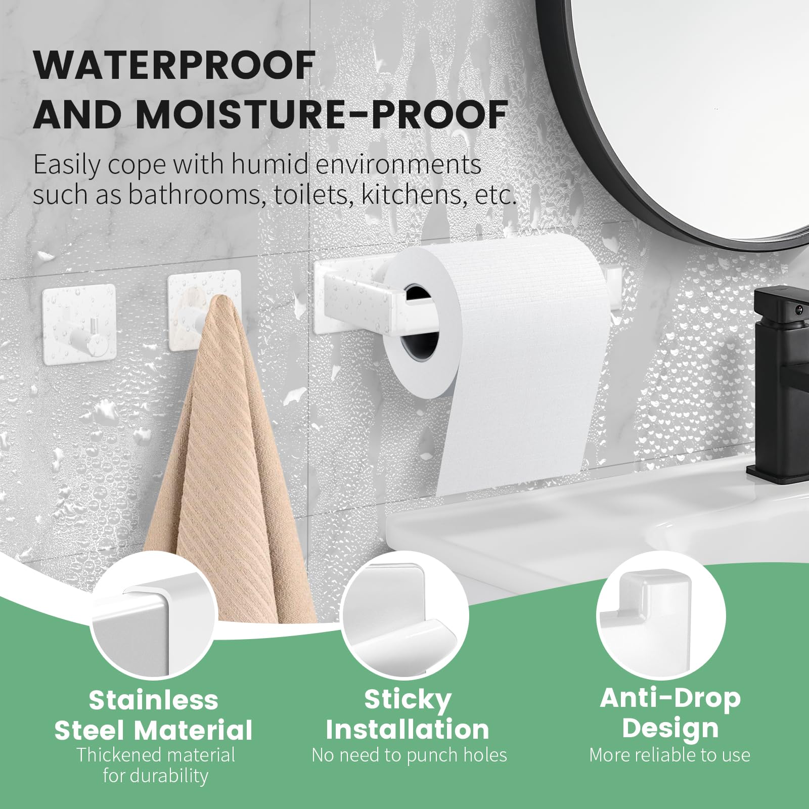 YUNISS Portarrollos Baño Acero Inoxidable 304, 1 Piezas Portarrollos Papel Higiénico + 2 Piezas Ganchos para Toallas, Adhesivo Porta Rollo Sin Taladro para Baño y Cocina -Blanco