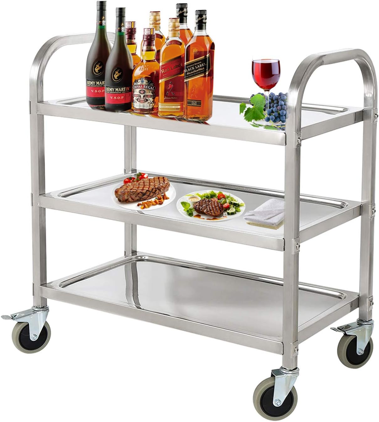 DRM 3 Tier 29.5in 750lbs Stainless Steel Kitchen Trolley Cart Utility Rolling Cart Serving Catering Storage Cart with Locking Wheels for Hotels Restaurant Home Use