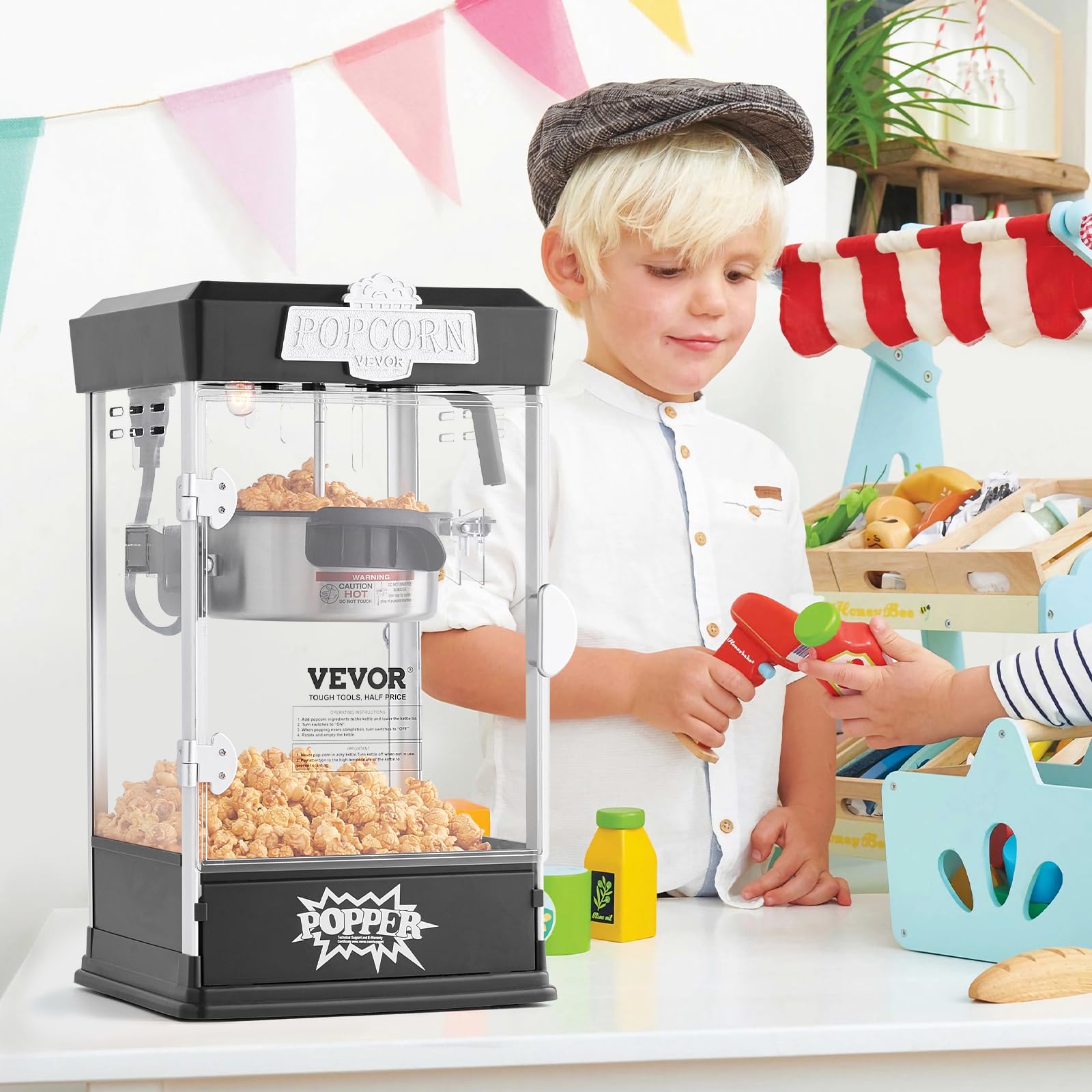 VEVOR Máquina para Hacer Palomitas de Maíz, 480 W, 4 oz, Produce 1,5 Galones por Tanda, Máquina para Hacer Palomitas de Maíz de Sobremesa, Incluye 3 Palas, Estilo Cine, Negro, 275 x 240 x 485 mm