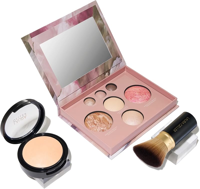LAURA GELLER NEW YORK Baked Starter Kit - Full Coverage: Double Take Powder Foundation, Fair + Best of the Best Face Palette + Retractable Angled Kabuki Brush