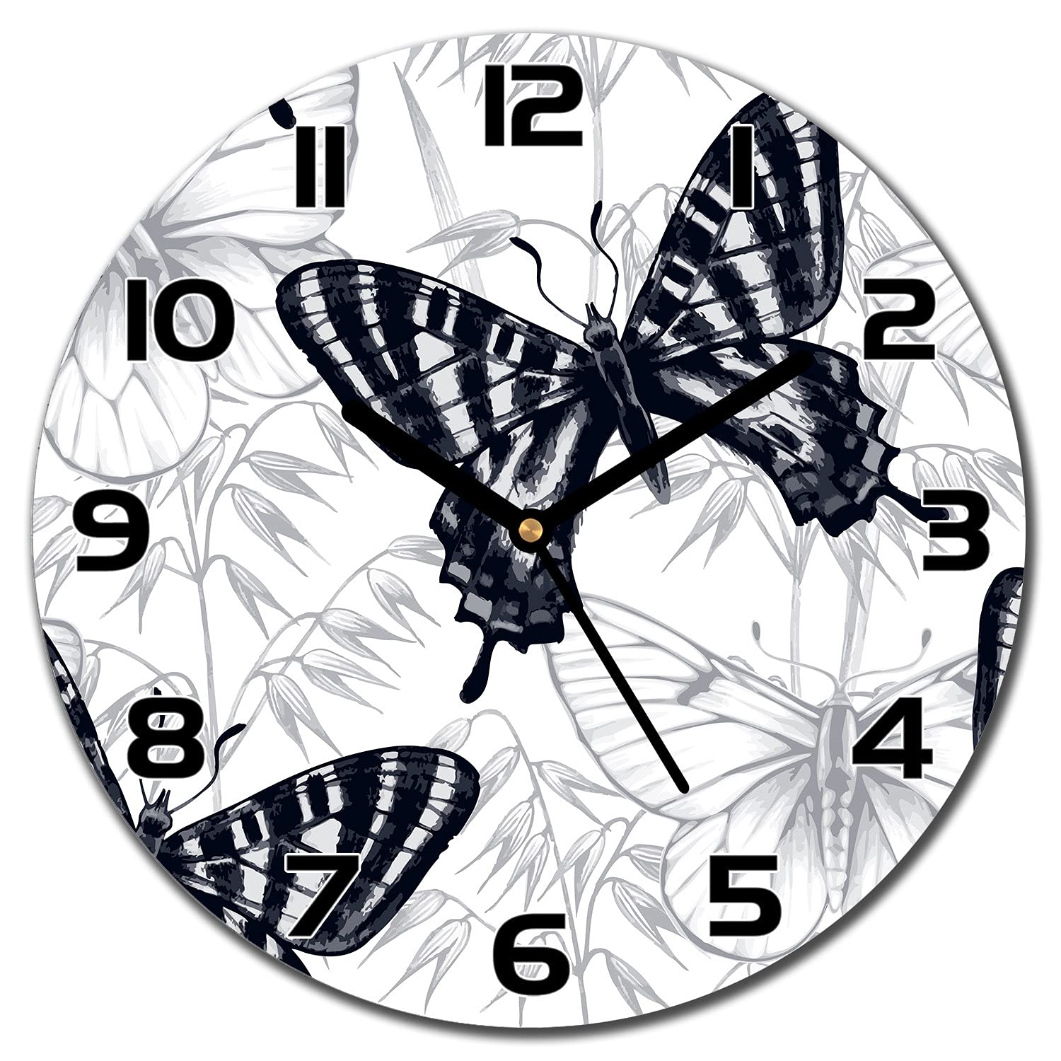 Horloge en verre 30 cm Papillon Rétro avec aiguilles noires pour décoration murale
