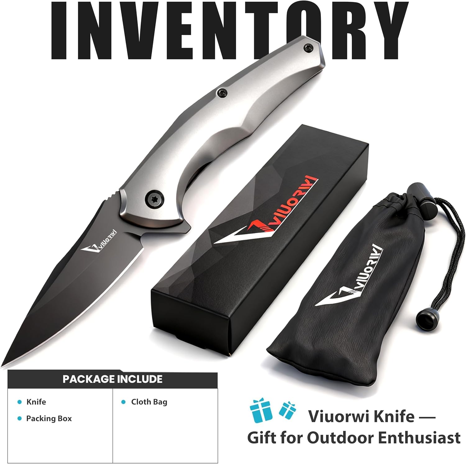 Atlas VA-09S Folding Knife - D2 Steel Blade HRC 60-65, Compact EDC Pocket Knife with Silver Gray Aluminum Handle, Secure Liner Lock & Deep Carry Clip for Everyday Carry, Camping, Hiking