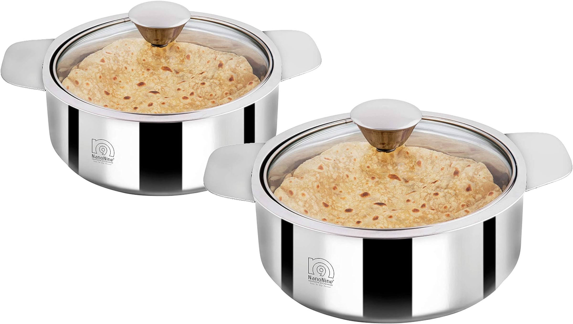 NanoNine Double Wall Insulated Stainless Steel Serve Fresh Roti Chapati Pot Saver with Side Handle and Glass Lid, 800 ml, Silver, Steel, Set of 2