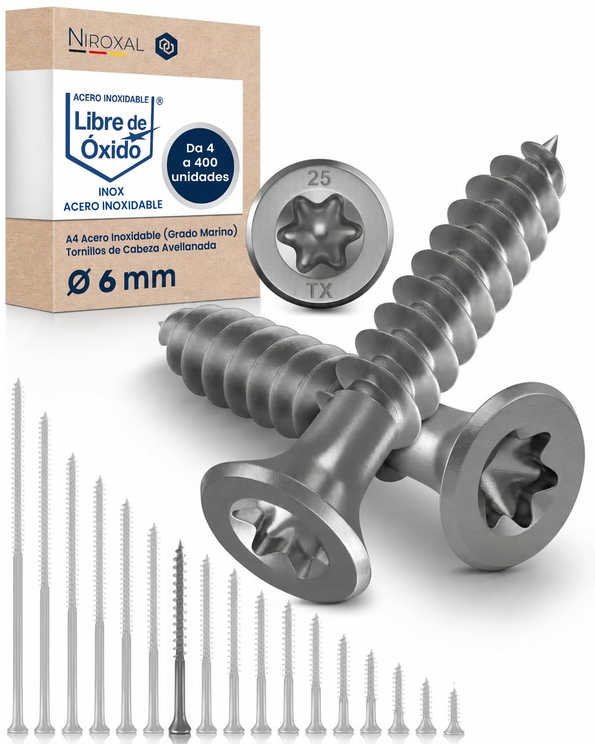 Tornillos para madera de acero inoxidable A2 cabeza avellanada Torx TX25 – Rosca parcial – 6x80 mm – 50 unidades – Tornillos universales para madera