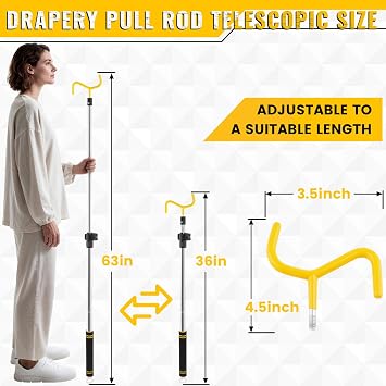 Drapery Pull Rod,36“ to 63” Curtain Pull Telescoping Pole Heavy Duty For Curtains Wand Stainless Steel Tubes Soft Sponge Handle Rod for Curtains Extension Pole Lightweight (Black Yellow)