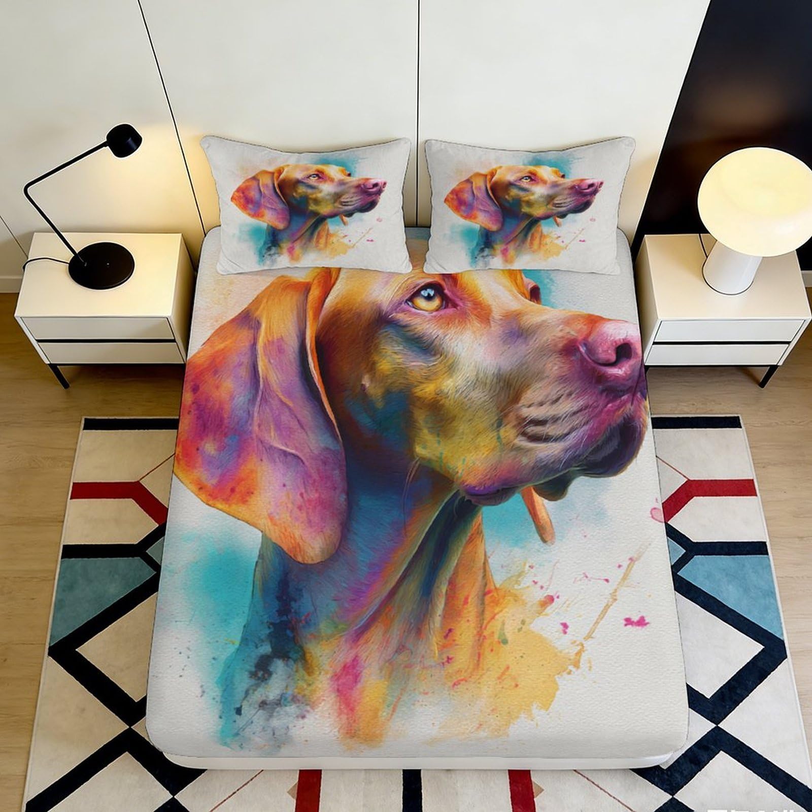 3D Printed Colorful Dog Portrait Fitted Sheet Microfiber Soft Breathable Artistic Bed Cover for Bedroom Dormitory Guest Room Mattress Protection 200x200x25cm