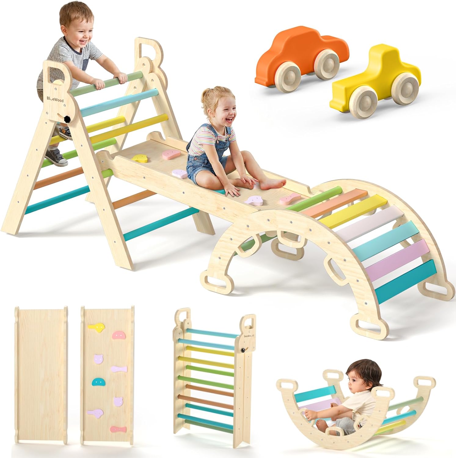 BlueWood Pikler Triangle Set 7in1 Foldable Baby Climbing Toys Wooden Montessori Climbing Set with Arch&Ramp&Ladder Baby Climber Indoor Jungle Gyms for Toddlers Montessori Toys - Rose Garden