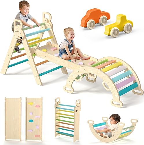 Miniatura 14 de BlueWood Pikler - Juego de triángulos 7 en 1 plegables, juguetes de escalada Montessori de madera con arco y rampa y escalera, escalador para bebés