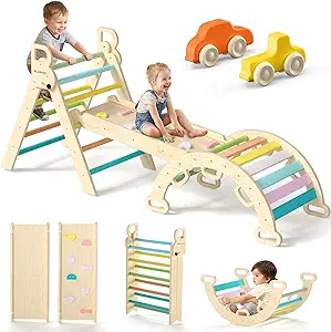 BlueWood Pikler Triangle Set 7in1 Foldable Baby Climbing Toys Wooden Montessori Climbing Set with Arch&Ramp&Ladder Baby Climber Indoor Jungle Gyms for Toddlers Montessori Toys - Rose Garden