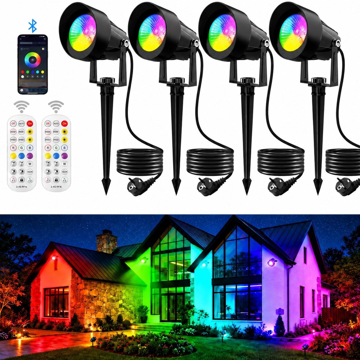 Spot LED Extérieur RGB, 4 Pièces Éclairage de Jardin LED RGB avec App Bluetooth et Télécommande, Avec une prise de 1.5 m, Étanche IP65 Lumiere Jardin pour Terrasse Pelouse Chemins
