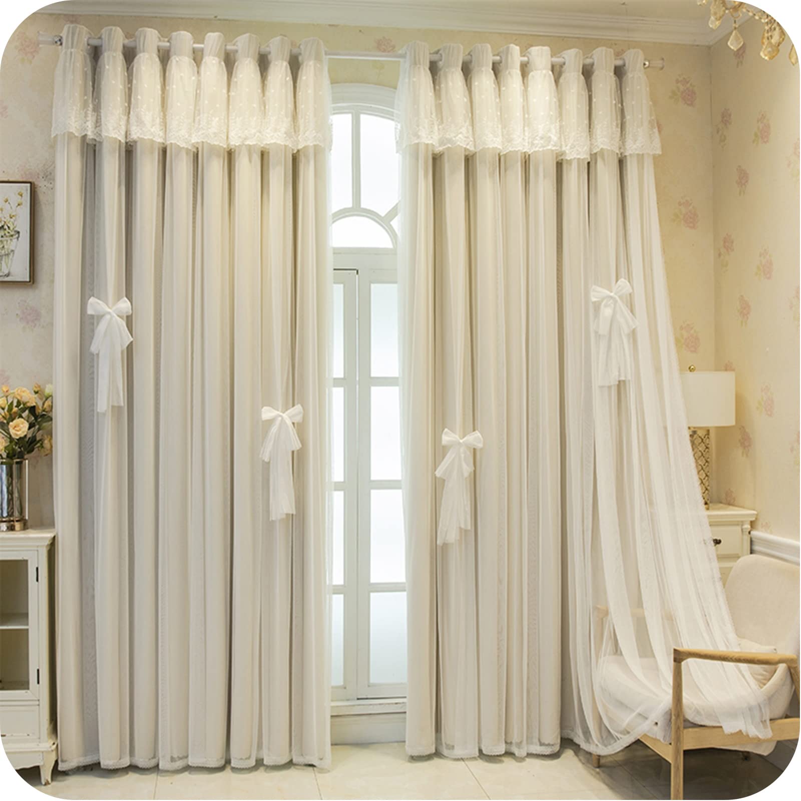OKUOKA Beige Blackout Curtains Eyelet,White Sheer Tulle Voile Curtain,Solid Panels Drapes,Thermal Insulated/Noise Reducing Curtains for Bedroom/Living Room/Nursery Double Layer Eyelet Cur