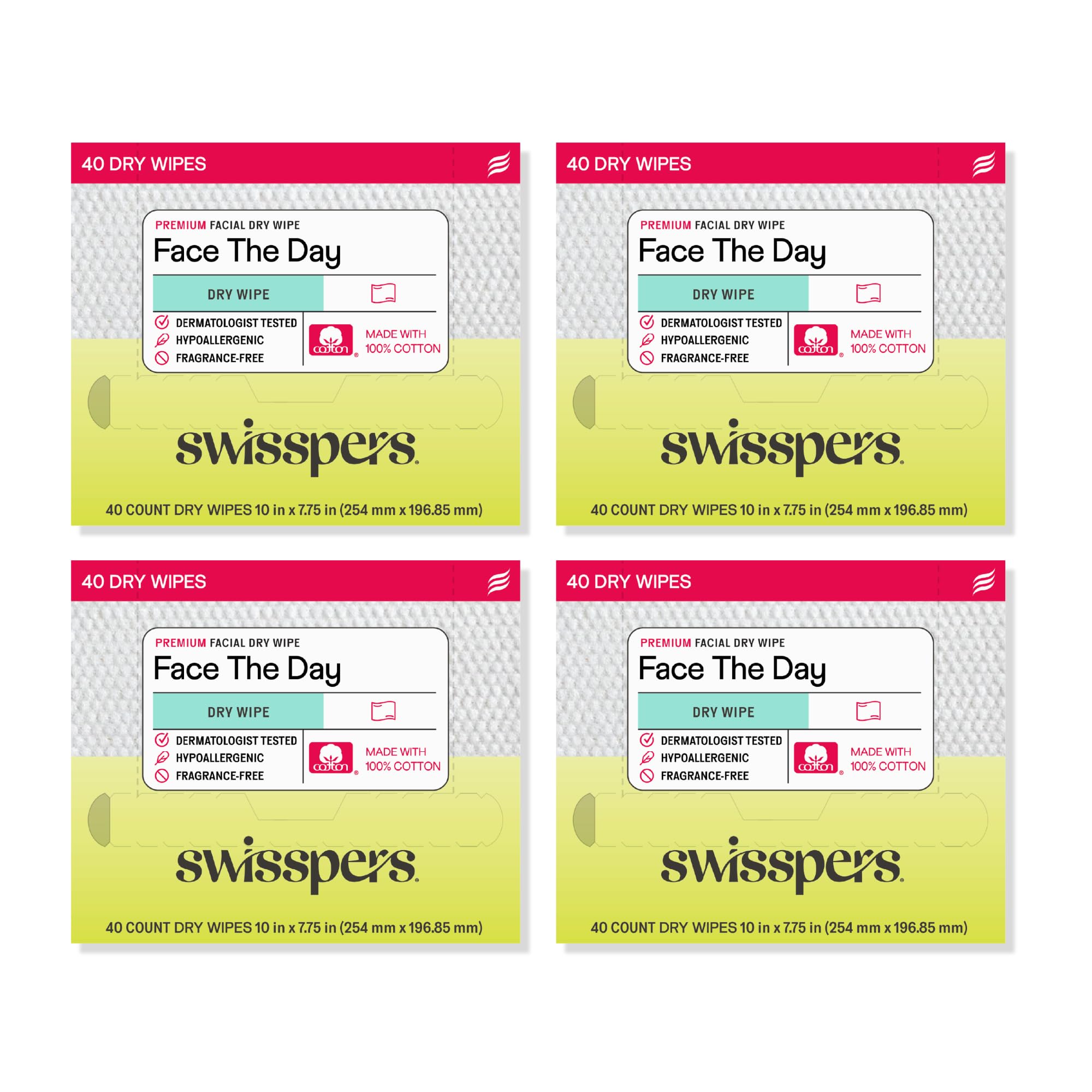 Swisspers Salviette per il viso asciutte in 100% cotone di alta qualità, ipoallergeniche, biodegradabili, con goffratura a pois, salviette struccanti vegane per donne e uomini, 40 pezzi (confezione da