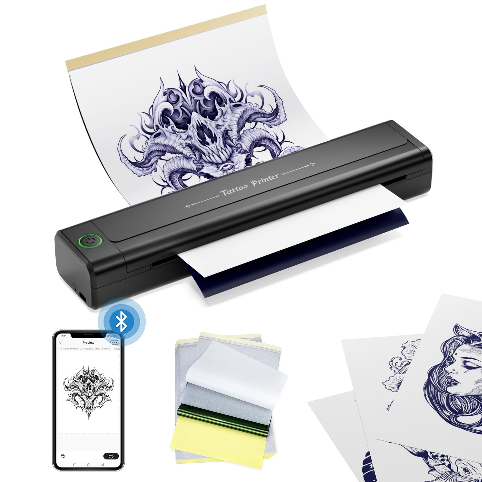 H1 Termocopiadora Tattoo Bluetooth, Impresora Térmica Inalámbrica con 10 Hojas Papel de Transferencia, Impresora de Tatuaje Compatible con Teléfono Tablet PC para Artistas y Principiantes