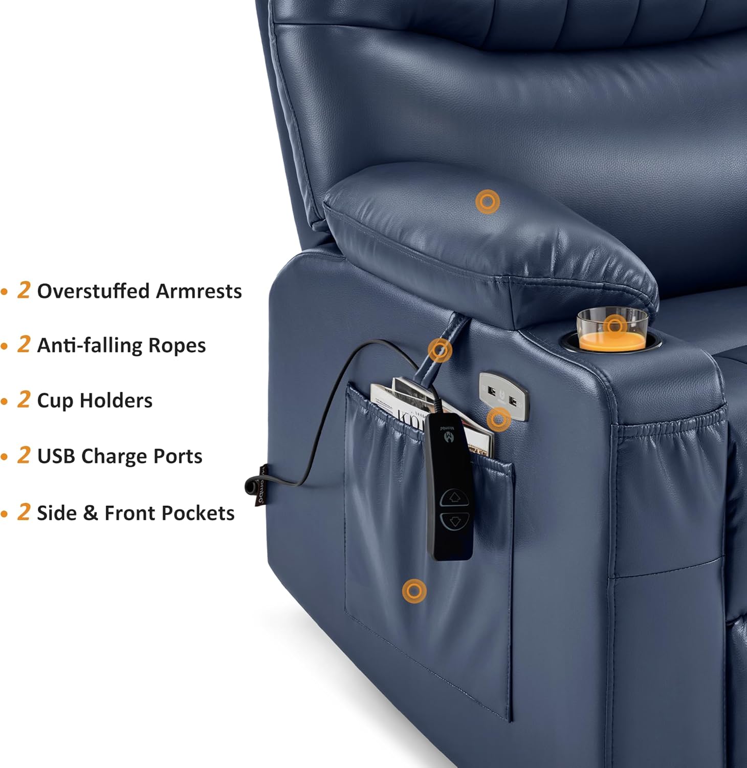 Close-up of the recliner's armrest showing two USB charge ports, two cup holders, and side/front pockets.